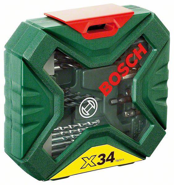 Groen etui met het 'BOSCH'-logo, bevat 34-delige borenset, zichtbaar door transparante deksel.