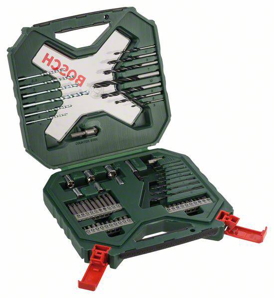 Open gereedschapskist met verschillende boren en bits, 'Bosch'-logo op de deksel, rode sluitingen aan de onderkant.