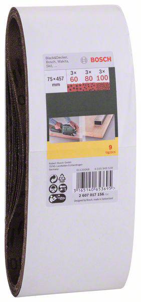 'Packaging of Bosch sanding belts, 75 x 457 mm, for belt sanders, contains 9 pieces with grits 60, 80, 100.'