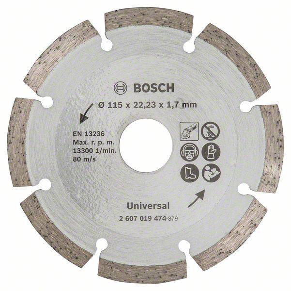 Een zilveren Bosch doorslijpschijf met 115 mm diameter. Geschikt voor 13.300 toeren per minuut. Symbolen geven veiligheids- en gebruiksaanwijzingen weer.