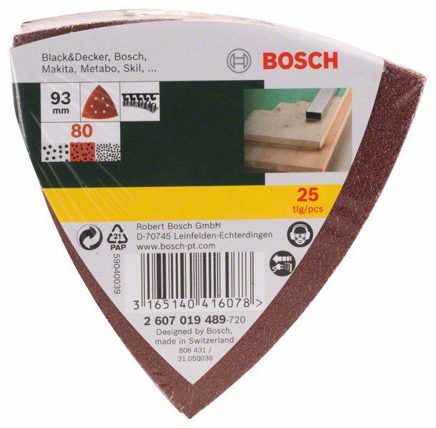 Schuurpapierset van Bosch, 93 mm, korrelgrootte 80, geschikt voor verschillende merken. Bevat 25 stuks. Verpakking met product- en fabrikantgegevens.