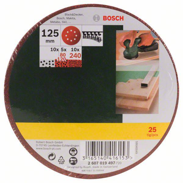 'Bosch slijpschijven, 125 mm, 25 stuks, geschikt voor Black & Decker, Bosch, Makita. Korrelgroottes: 80, 120, 240.'