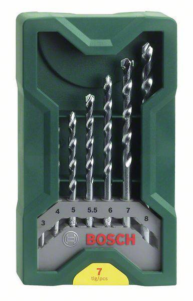 Bosch boorset, bestaande uit vijf spiraalboren in een groene kunststof doos. Maten zijn 3, 4, 5.5, 6 en 8 mm.