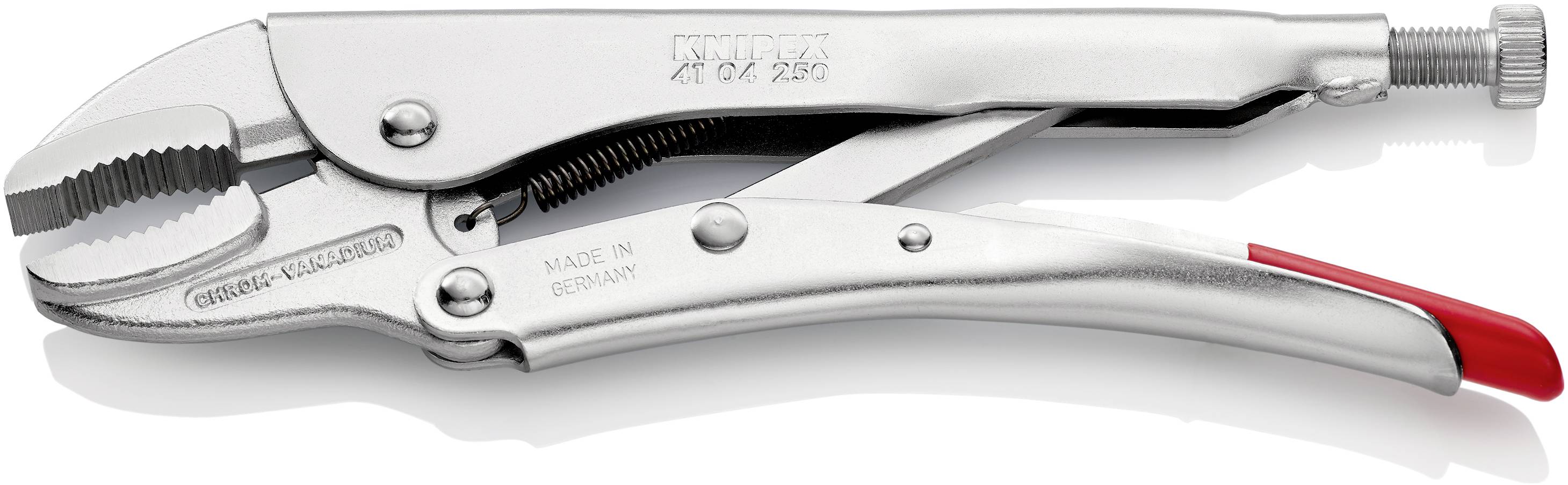 Een zilveren grijptang met een rood handvateinde, uitgeschoven bekken, ratelingsmechanisme en stelschroef voor het aanpassen van de openingsbreedte.