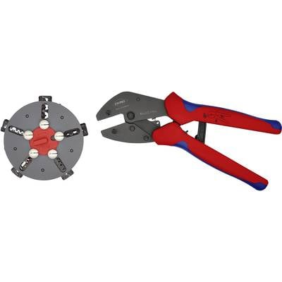 Rood en blauw striptang met grijze en rode rotatiemes, gebruikt voor precisiedraadstrippen en -ontmantelen.