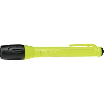 Een groene zaklamp met een zwart uiteinde, aan de zijkant voorzien van de opdruk 'Paralux'. Hij heeft een clip aan het uiteinde van de handgreep.