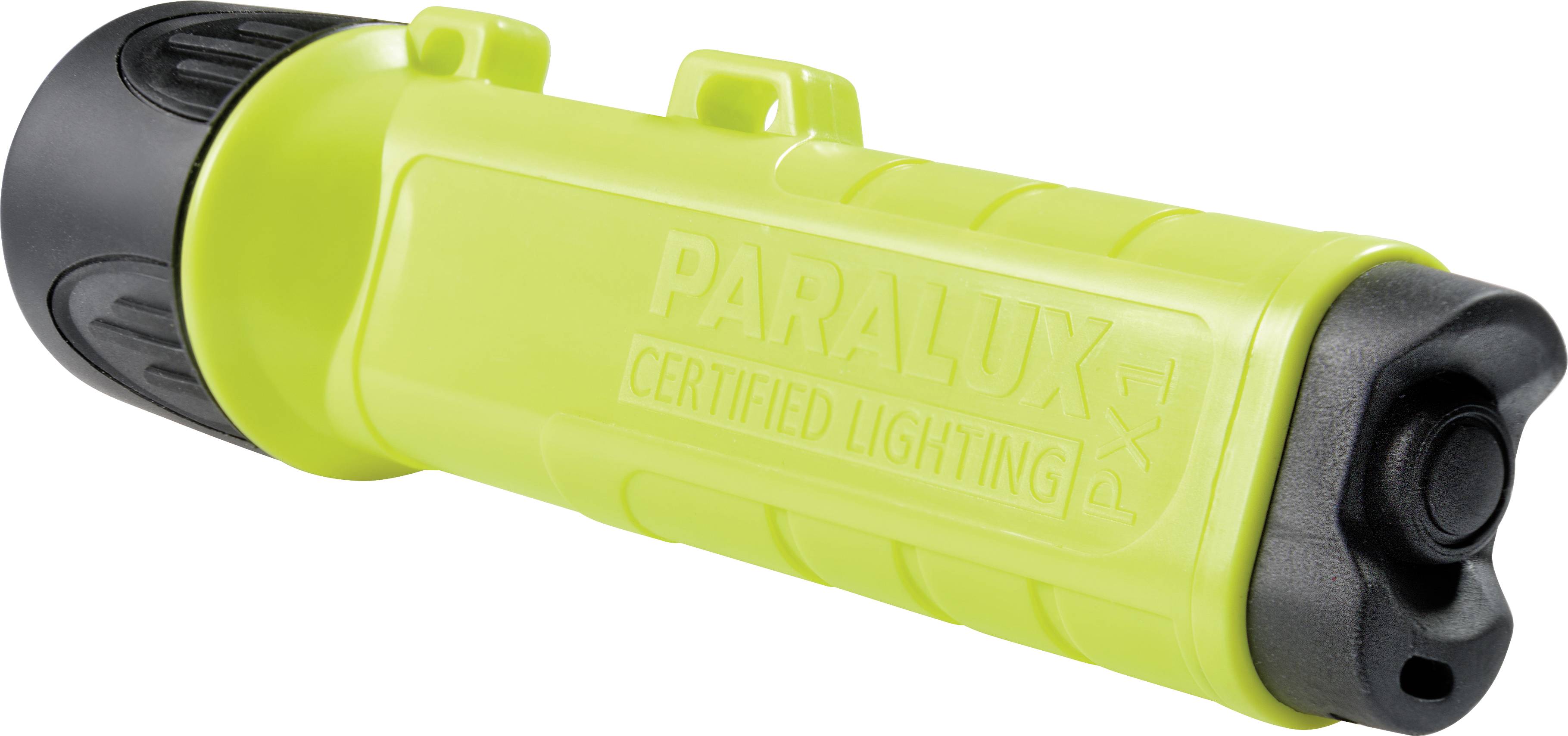 Groene zaklamp met het opschrift 'PARALUX CERTIFIED LIGHTING'. Zwarte handgreep en zwarte dop.