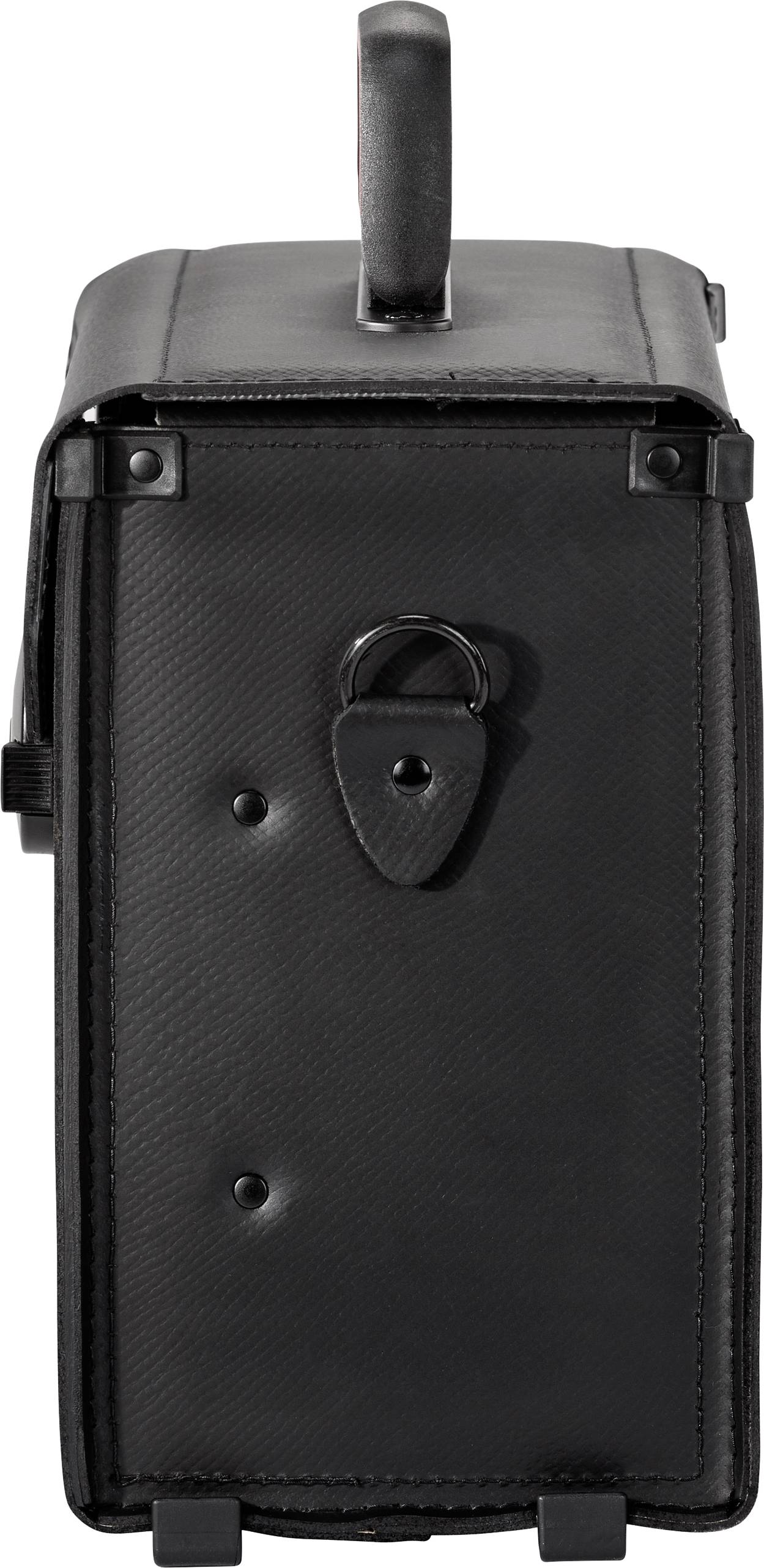 Zwarte leren tas gezien van opzij, met bovenaan een handvat en metalen studs zichtbaar. Rechthoekige vorm, strak design.