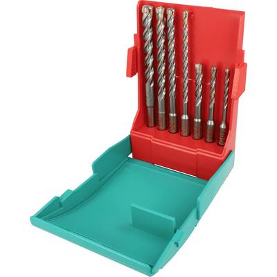 Open plastic boorje geval met meerdere metalen boorjes opgeslagen rechtopstaand, rood bovensectie en groenblauwe basis.