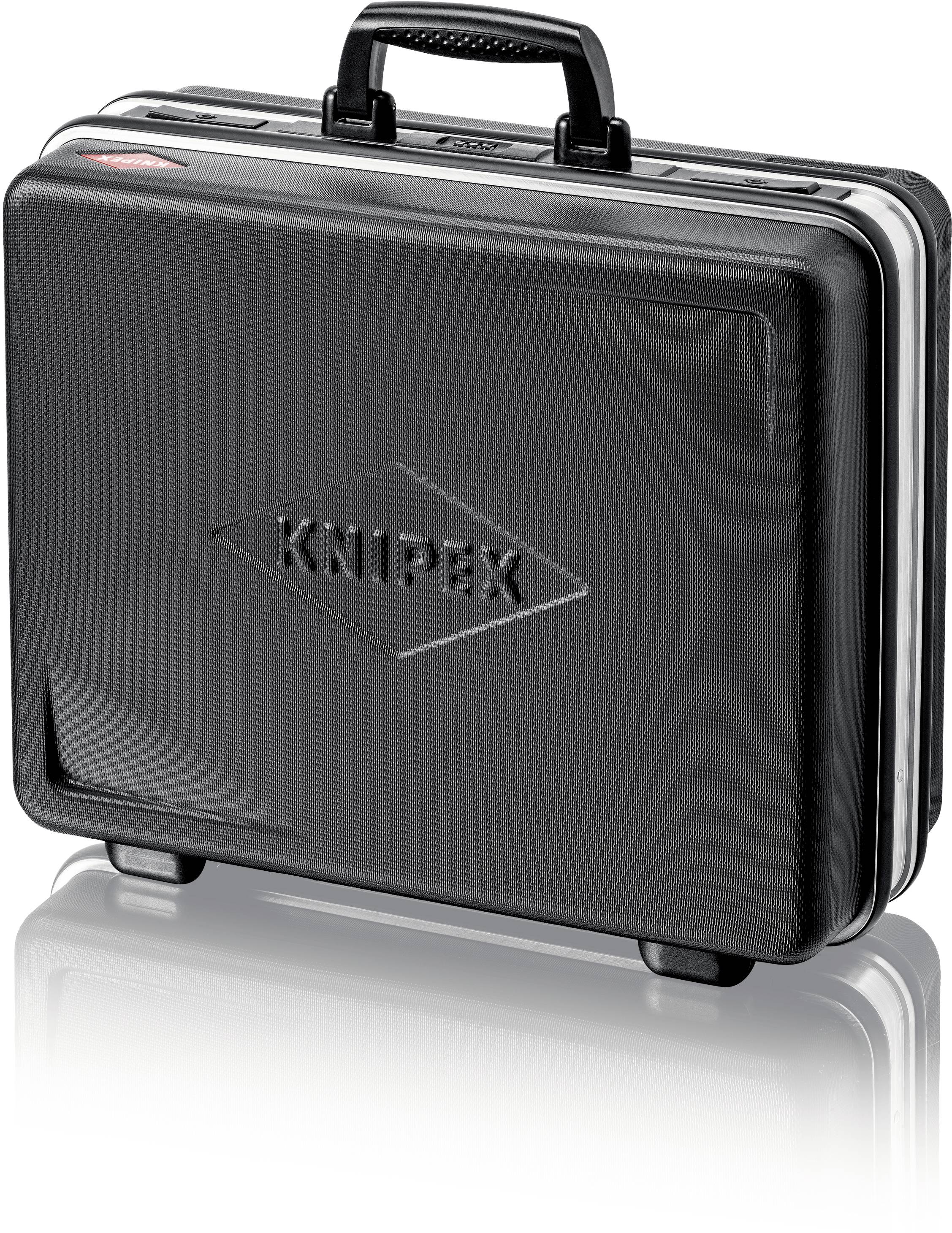 Zwarte koffer met handgreep. Op de voorkant is het 'Knipex' logo ingedrukt. De koffer staat rechtop voor een witte achtergrond.