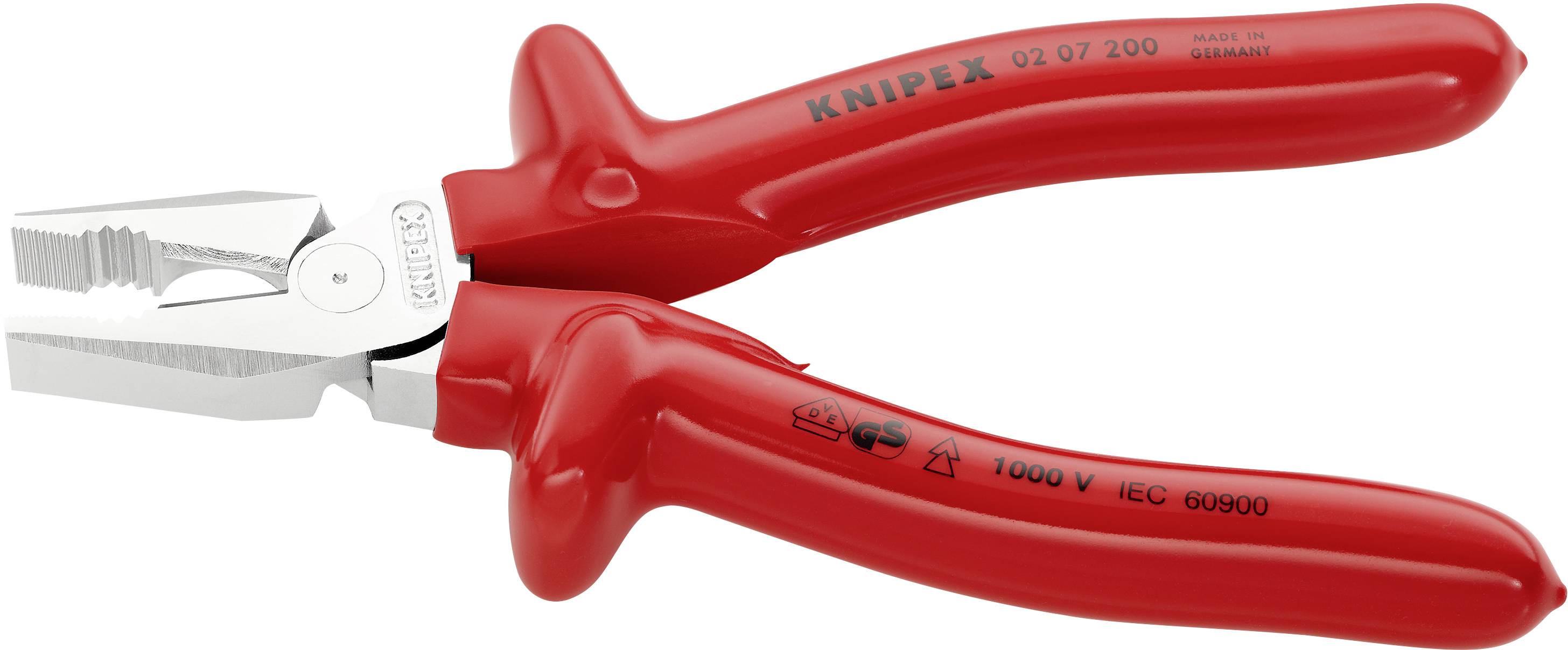 Een rode zijkniptang met geïsoleerde handgrepen voor werkzaamheden tot 1000 Volt, geschikt voor het knippen van draden en kabels.
