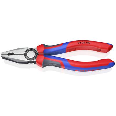 Een rode en blauwe combinatietang van metaal en kunststof, met de opdruk 'Knipex 03 02 180' op de handgreep.