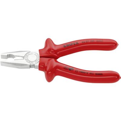 Rode combinatietang met geïsoleerde handgrepen, geschikt voor werkzaamheden tot 1000V. Vervaardigd in Duitsland, merk 'Knipex'.