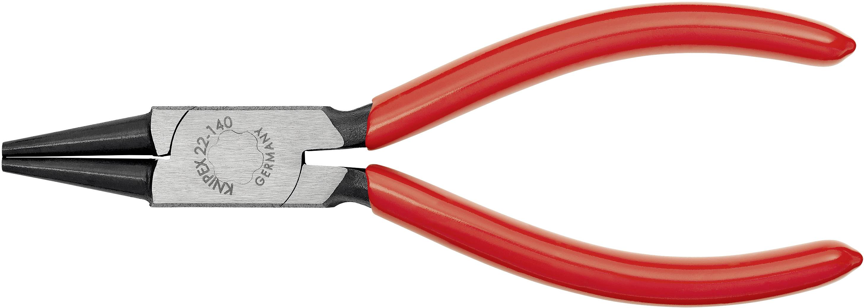 Een rode punttang met een zwart metalen kop. Hij is geschikt voor precisiewerk en draagt de opdruk 'Knipex 22 140 Germany'.
