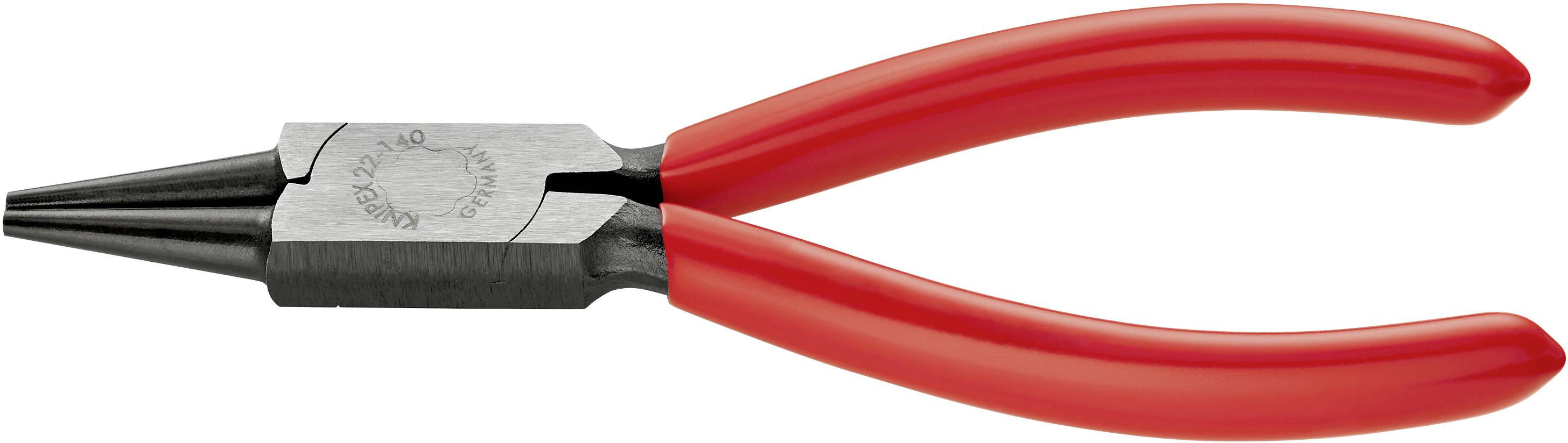 Ronde spitse tang met rode handgrepen, geschikt voor fijn elektronisch werk en het buigen van draden en kleine metalen onderdelen.