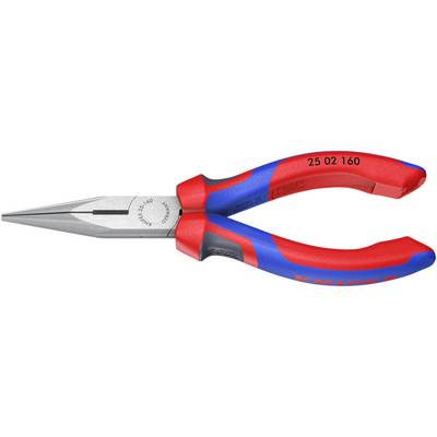 Lange, smalle tang met blauwe en rode handgrepen, geschikt voor nauwkeurige grijp- en knipwerkzaamheden.