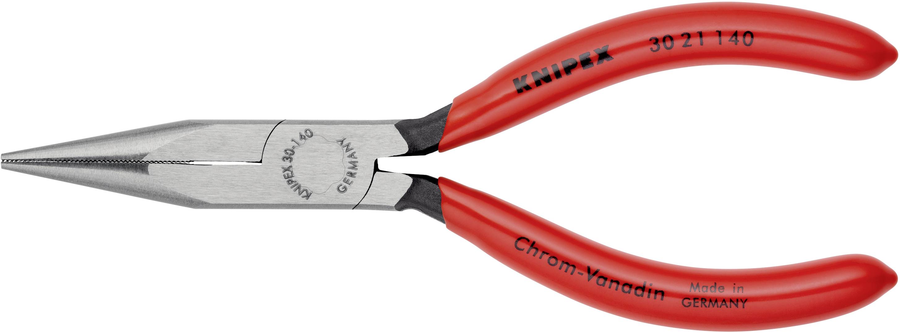 Rode punttang met opdruk 'Chroom-Vanadium' en 'Knipex 30 21 140', vervaardigd in Duitsland.