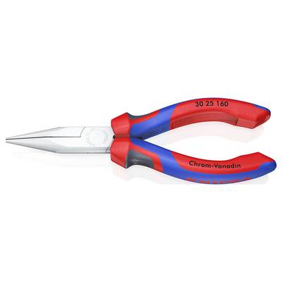 Een rode en blauwe combinatietang van chroom-vanadium-staal met een lange, smalle punt en een slipvaste handgreep.