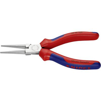Rode en blauwe rondbektang van Knipex, geschikt voor fijne werkzaamheden en het buigen van draad, met een Chroom-Vanadium-opdruk op de greep.