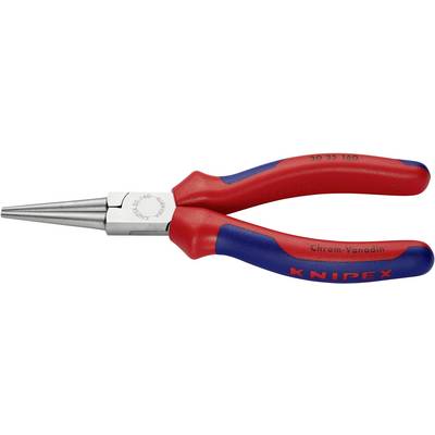 Op de afbeelding staat een rode rondtang van het merk Knipex met blauwe handgrepen. Hij wordt gebruikt voor het buigen van draad en metaal.
