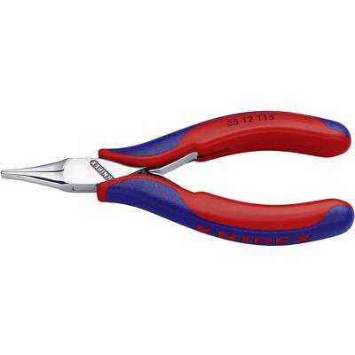 Rode en blauwe tang met smalle punten, geschikt voor precies werk. Merknaam 'Knipex' zichtbaar op de handgrepen.