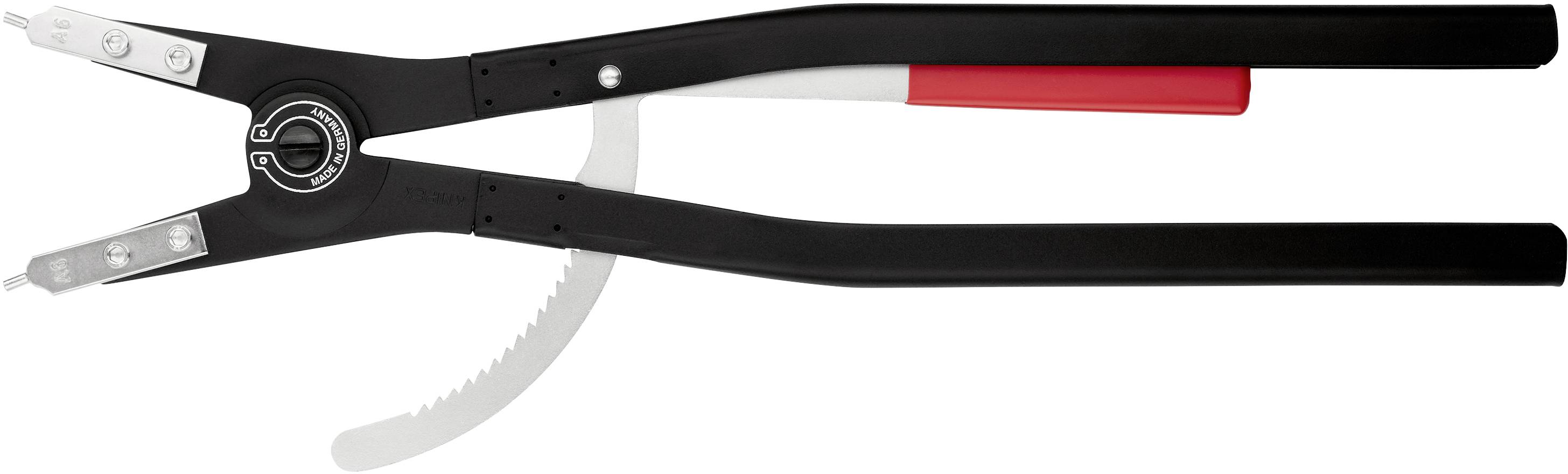 Een zwarte en rode speciale tang met lange handgrepen voor het verwijderen van borgringen, bekend als borgringtang.