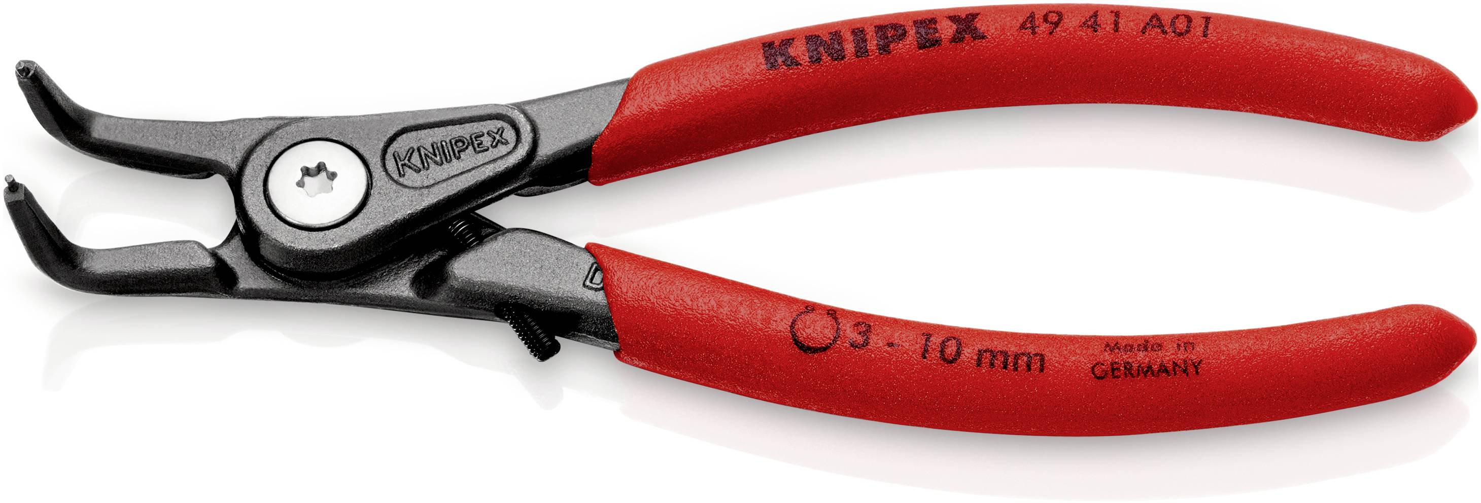 Rode Knipex borgveertang met twee gebogen punten. Metalen handgreep bedekt met zwarte en rode kunststof. Geschikt voor ringen van 3-10 mm. Made in Germany.