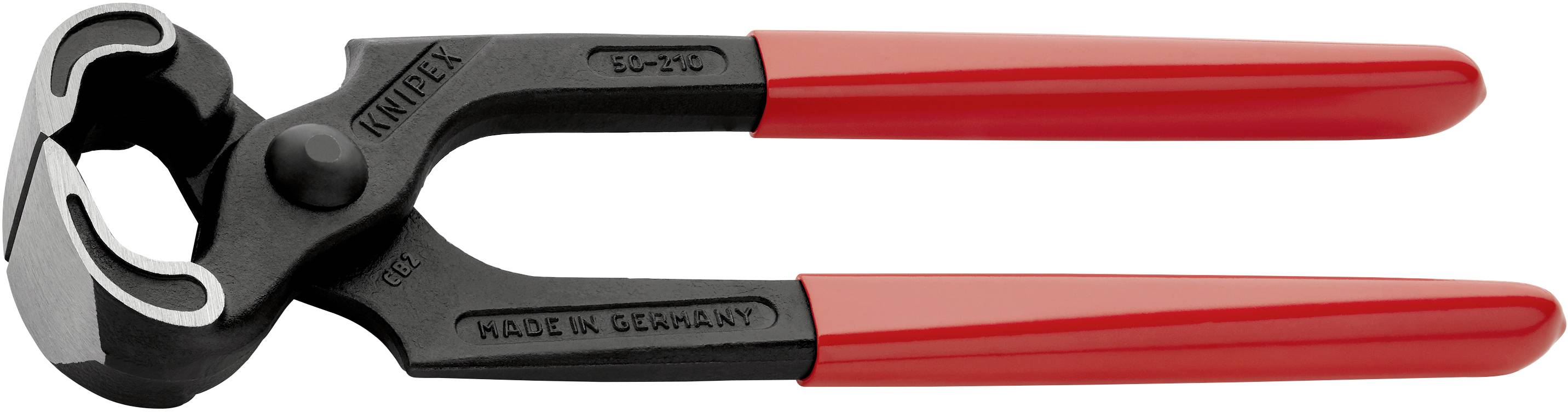 Tang met rode handgrepen. Hij is zwart, metallisch en geschikt voor grijp- of snijwerkzaamheden. Markering 'Made in Germany'.