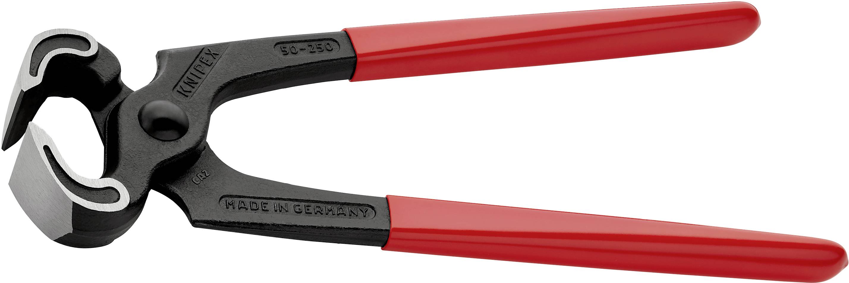 Zwarte knijptang met rode handgrepen, 'Made in Germany' opdruk. Geschikt voor het knippen van draden of het verwijderen van nagels.
