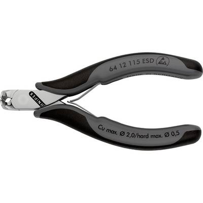 Een zijkniptang met zwarte handgrepen, geschikt voor koperdraad tot 2,0 mm en harde draden tot 0,5 mm.