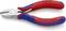 Zijkniptang met rode en blauwe handgrepen, gefabriceerd door Knipex. Modelnummer: 70 15 110. Gebruikt voor nauwkeurig draadknippen.