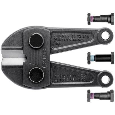 Bouten- en moerenknipper van metaal met twee zwarte handgrepen, gemarkeerd met 'Knipex 71 72 760 Made in Germany'. Ernaast twee verwisselbare schroeven.
