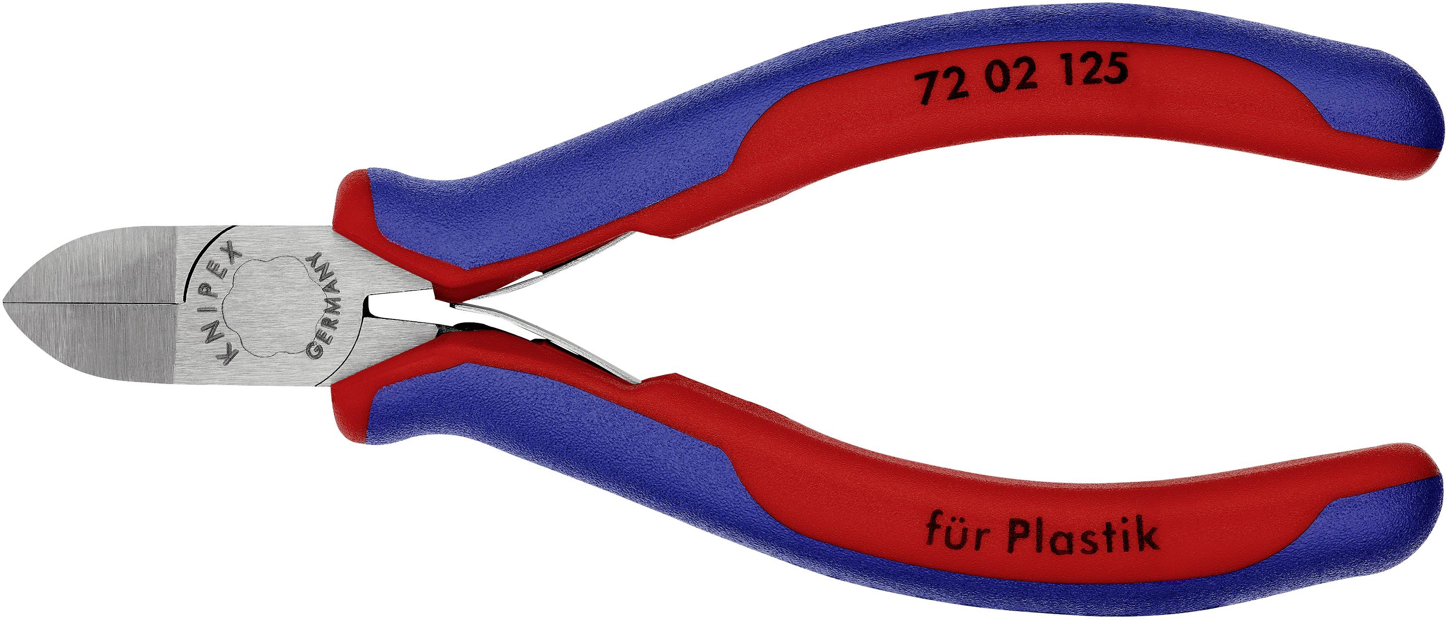 Zijkniptang met rode en blauwe handgrepen, geschikt voor het knippen van plastic, met de opdruk 'Knipex Germany'.