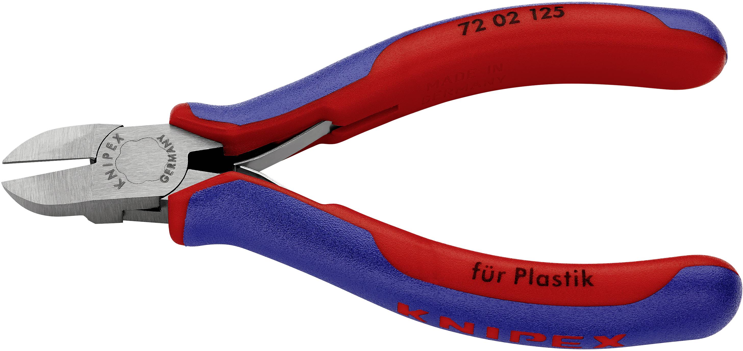 Een rode en blauwe Knipex zijkniptang, geschikt voor het knippen van plastic.
