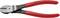 Een Knipex-draadknipper met rode handgrepen en een zwart snijhoofd, geschikt voor het knippen van dunne draden tot 2 mm diameter.
