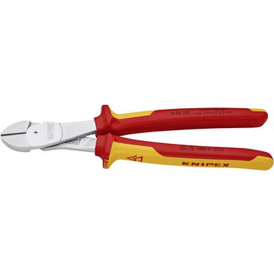 Een rode en gele Knipex-kabelsnijder voor tot 1000 volt. Speciaal ontworpen voor elektrotechnische werkzaamheden.