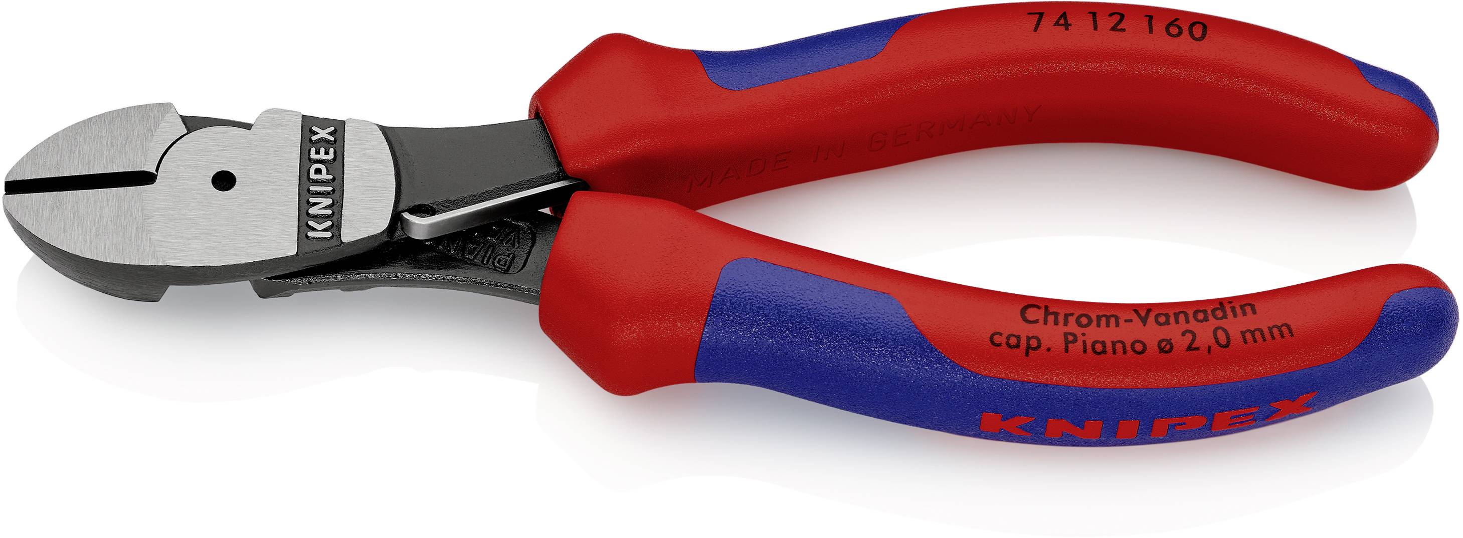 Een rode en blauwe KNIPEX-zijkniptang, model 74 12 160, geschikt voor knipwerk tot 2,0 mm.