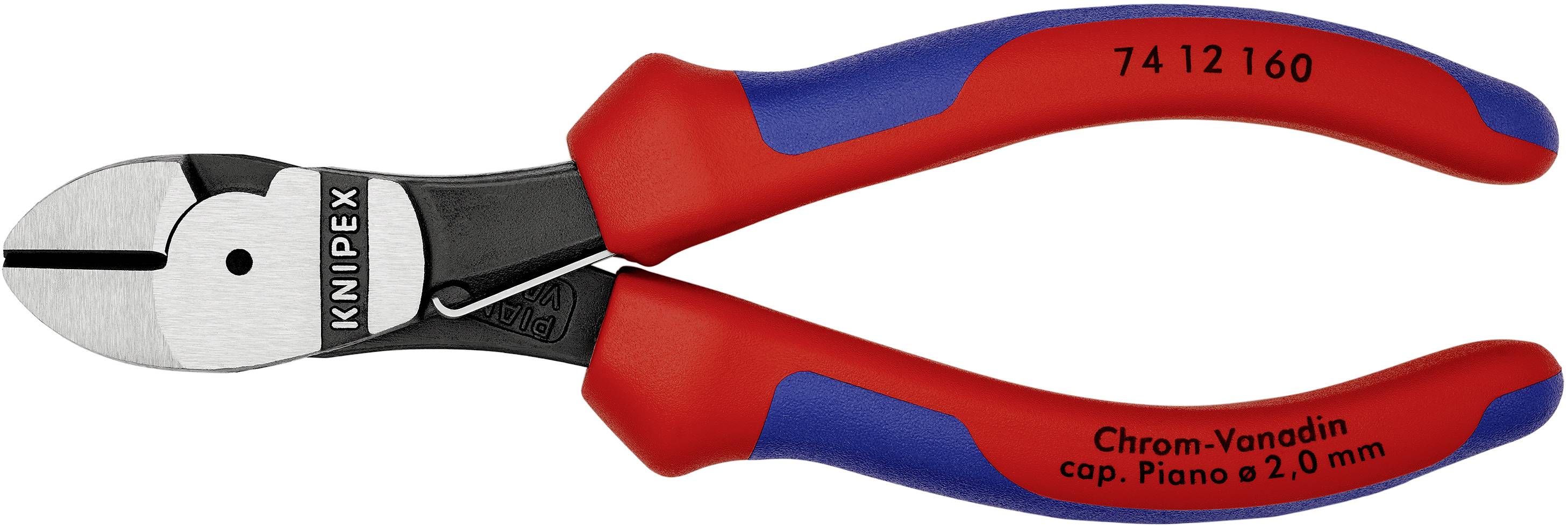 Zijkniptang met rode en blauwe handgrepen, merknaam 'KNIPEX', geschikt voor het knippen van koper- en pianodraad tot 2 mm diameter.