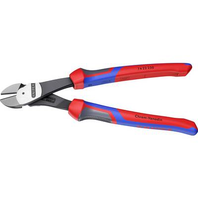 Rode en blauwe Knipex zijkniptangen met zwarte bekken, gelabeld 'Chrom-Vanadin' en modelnummer '7422 250'.