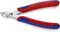 Een rode en blauwe kabelschaar van KNIPEX met de opdruk 'max. Cu Ø 1,0 Fe Ø 0,6', geschikt voor fijn snijwerk.