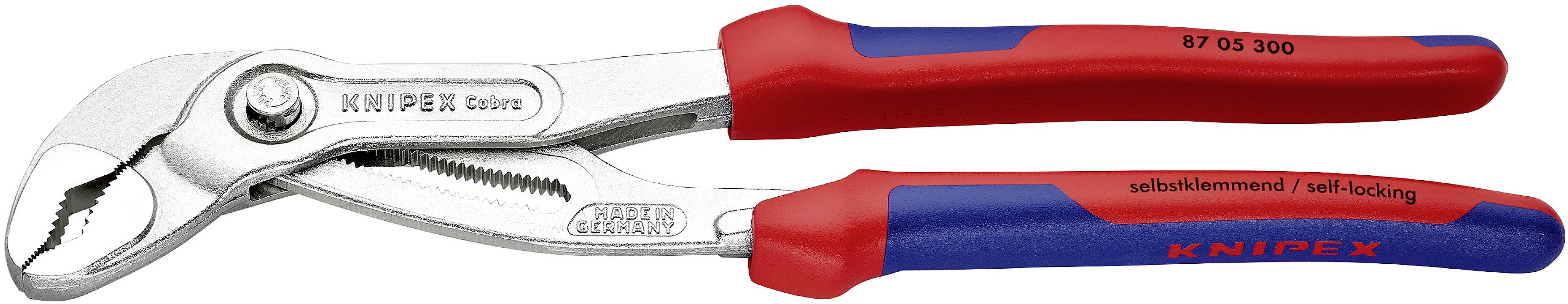 Tang met rode en blauwe handgreep, merk Knipex. Geschikt voor het grijpen en vasthouden van voorwerpen. Opschrift 'zelfinstellend'.