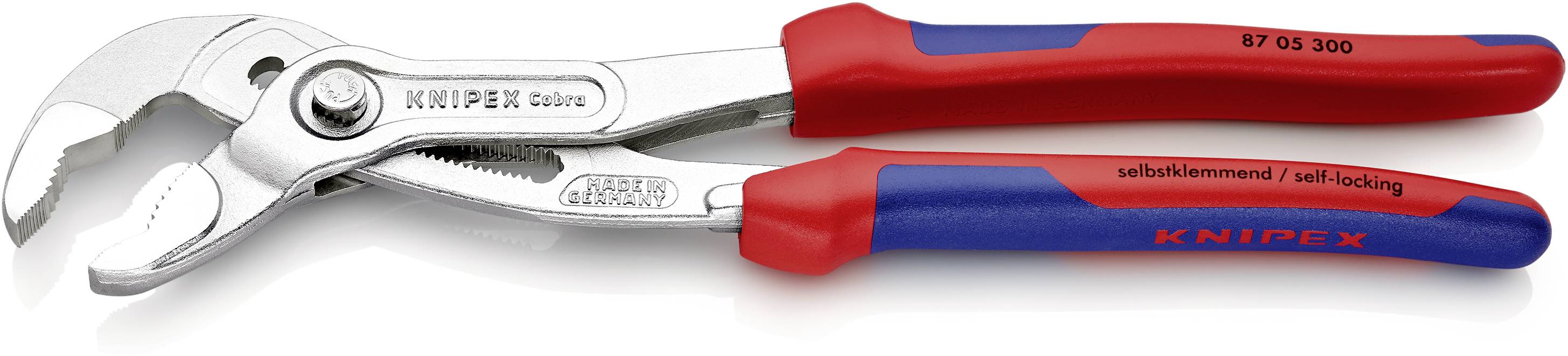 Beschrijving: 'KNIPEX Cobra' tang met rode en blauwe handgreep. Tekst op de tang: 'zelfklemmend / self-locking', maat '87 05 300'.