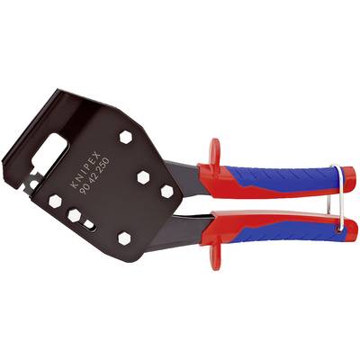 Een rode en blauwe Knipex-nijptang, modelnummer 9042250, met een zwart handvat en meerdere gaten.