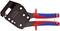 Een rode en blauwe Knipex-nijptang, modelnummer 9042250, met een zwart handvat en meerdere gaten.