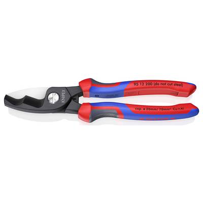 Knipex kabelschaar met rode en blauwe handgreep en zwart lemmet. Opschrift 'niet snijden in staal', geschikt voor aluminium.