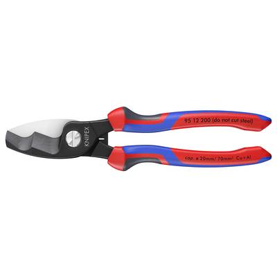 Een kabelschaar met rode en blauwe handgreep, zwart snijhoofd, geschikt voor koper en aluminium, max. diameter 20 mm.