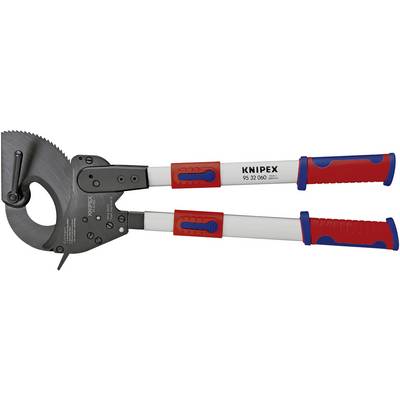 Een rode en blauwe kabelschaar met ergonomische handgrepen van KNIPEX, geschikt voor het doorsnijden van dikke kabels.
