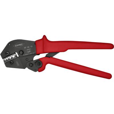 Een rode krimptang met zwart handvat, model 'Knipex 97 52 13', voor het verwerken van kabelschoenen en connectoren.