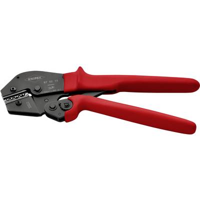 Een rode krimptang met zwarte metalen onderdelen, gebruikt voor het verbinden van kabels en stekkers.