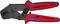 Krimptang met rode en blauwe handgrepen, zwarte persbekken. Gemarkeerd met 'KNIPEX' en maatvermelding '0,1-1,5 mm²/AWG 27-16'.